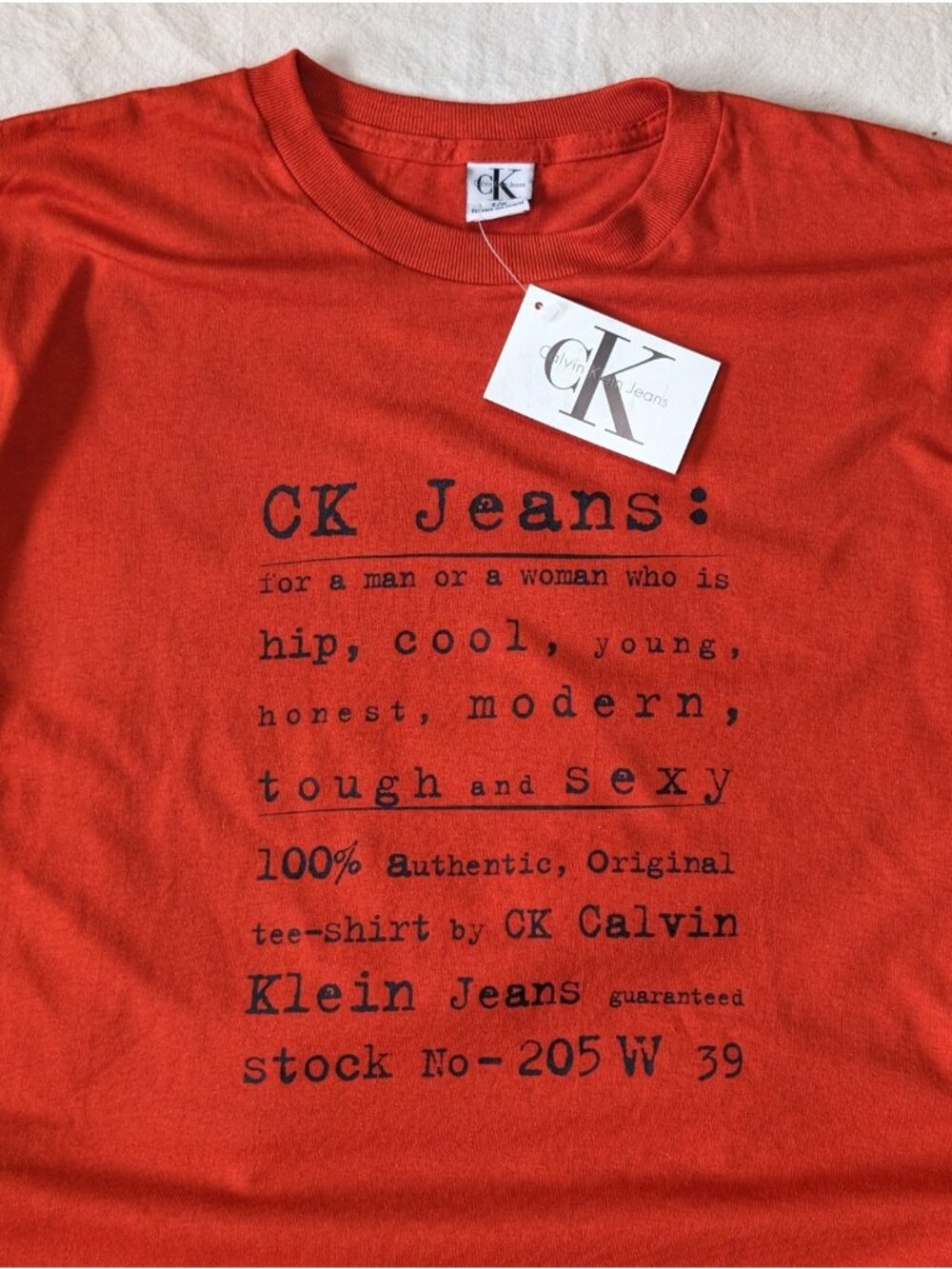 Calvin Klein VTG Deadstock 90s Graphic Single Stitch CK Jeans Tee Orange USA MD